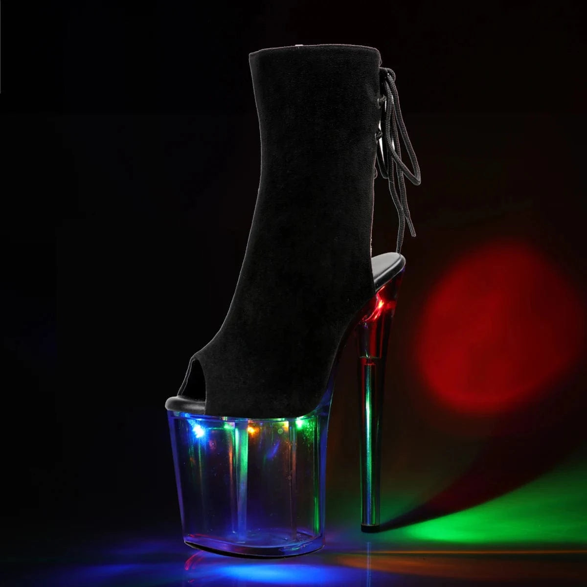 8.5 / Black Flock Peep Toe Thin Heels Roman Big Size 20cm Nightclub Flash Queen Models Party Exotic Dancer Platform Boots Pole Dance Shoes
