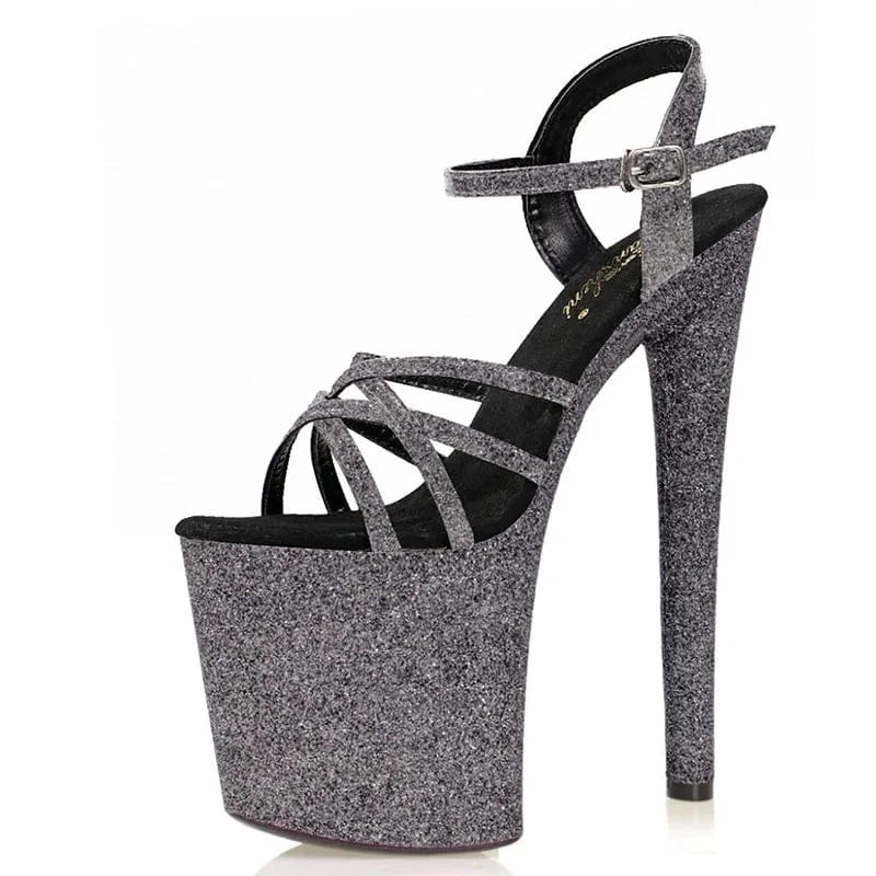 8.5 / Grey--B New green Sequin shiny high heels 20 cm thin heel belt pole dance super high heels 8 inch platform sandals