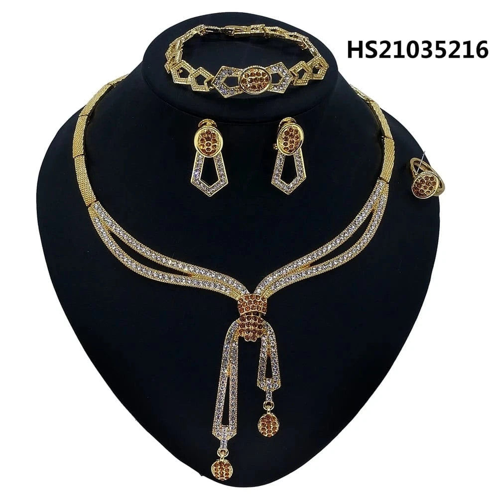 8 / 8 New Fashion Latest Ring Bracelet Gold Plated Exquisite Flower Leaf Necklace Canadian Easter Women Favorite Zircon Jewelry Set