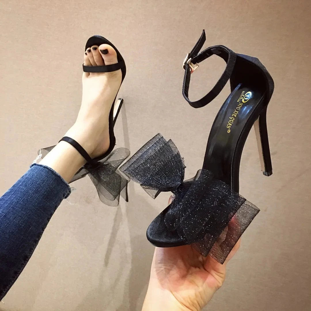 8 / Black Summer Fashion Sandals Shoes bowknot Buckle Strap Stiletto Heel Sandal Net fashion luxury butterfly ladies shoes women heels
