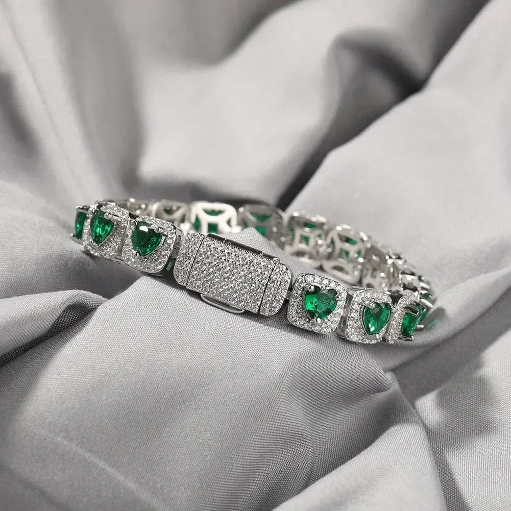8 inch inner 62 / siilver green 2024 Valentine's Day Jewelry Love Theme Gift Iced Out Shiny 5A CZ Heart Shape Bracelet Bangle for Women Girl