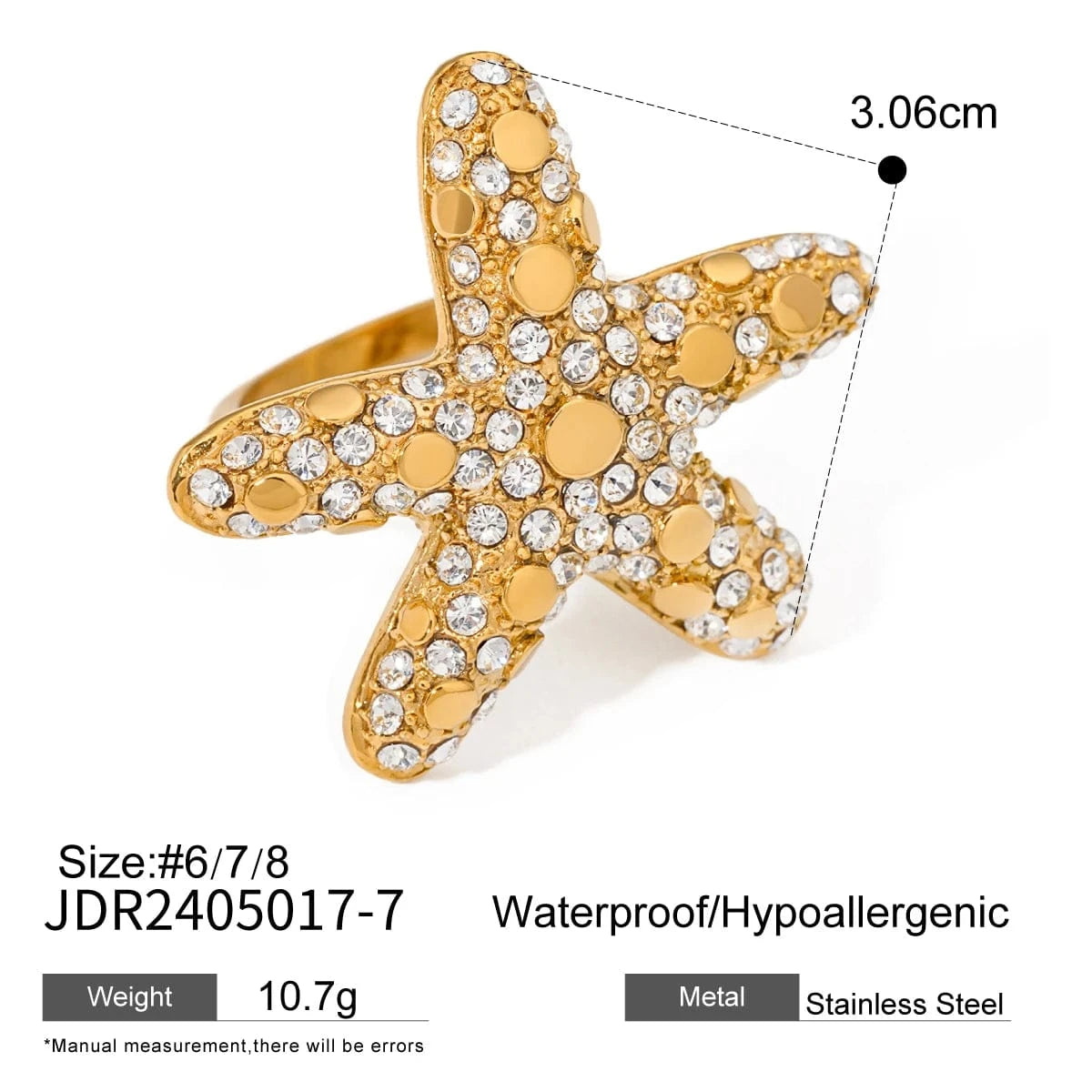 8 / minimalist / R2527 R2527 Luxury Summer Design Waterproof Stainless Steel Rings 18K Gold Starfish Rings With Rhinestones