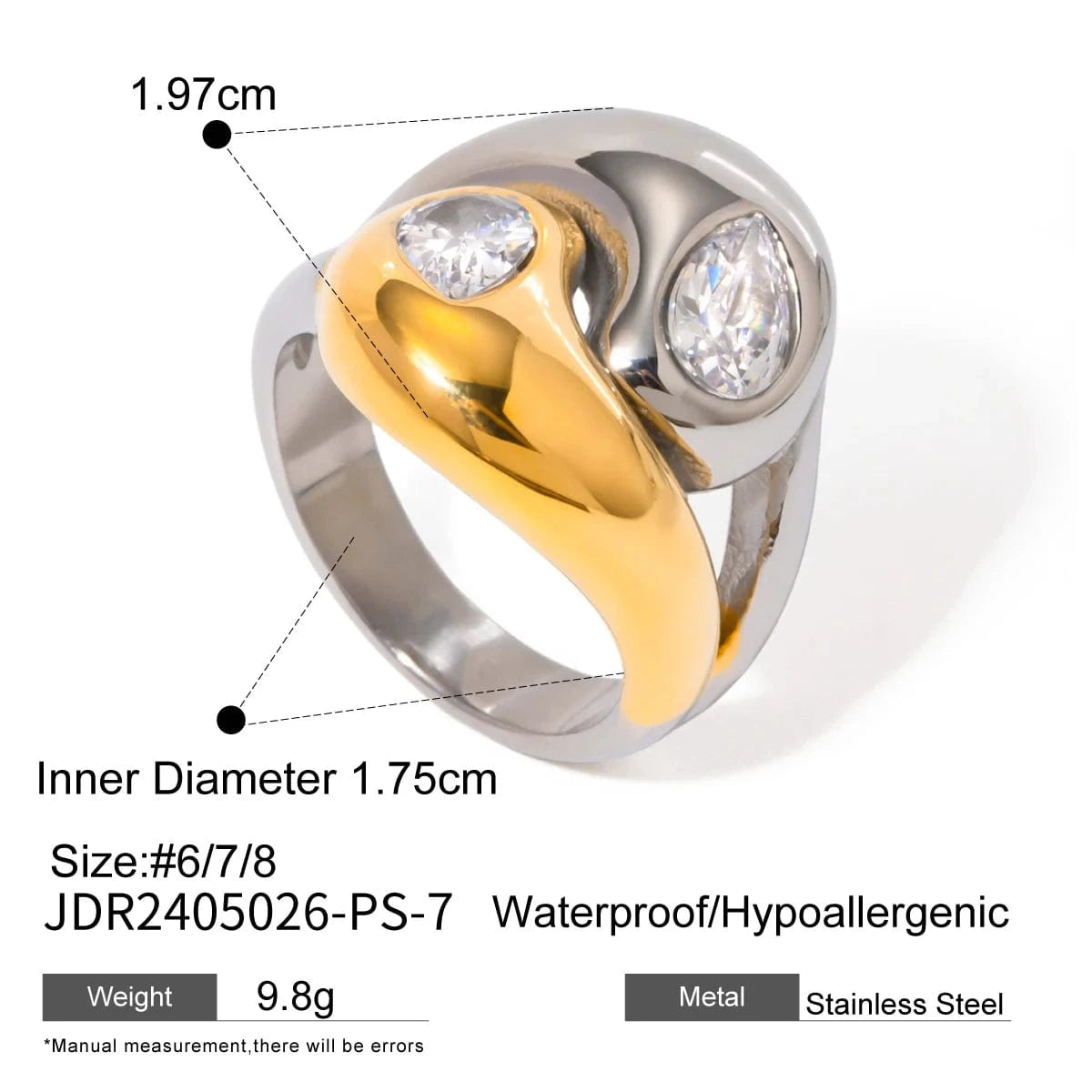 8 / minimalist / R2558 R2558 Luxury Chunky Stainless Steel 18K Gold Rings Polished Interlaced Two Tone Water Drop Zirconia Rings