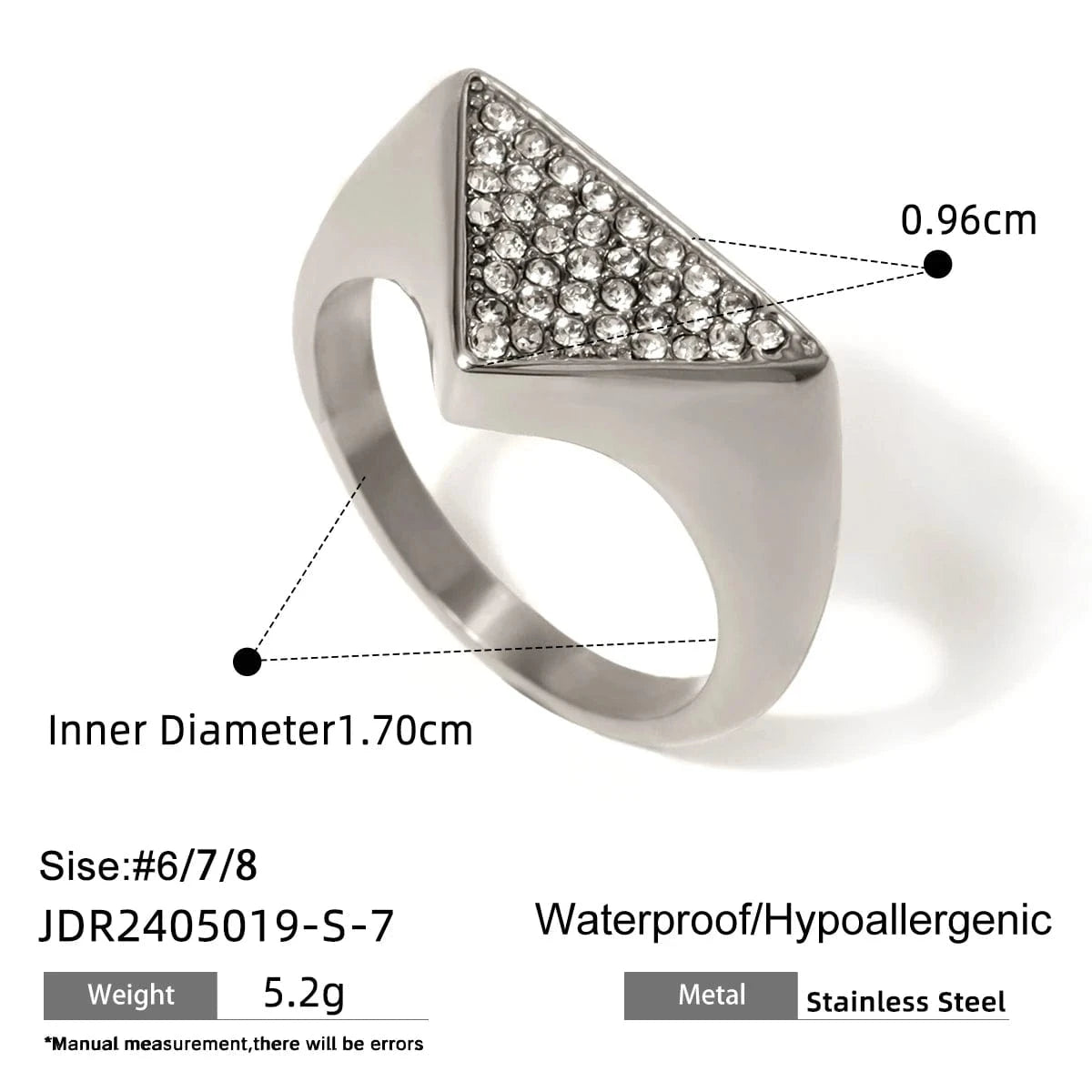 8 / minimalist / R2562S R2563 Simple Design Stainless Steel Hip Hop Rings Women 18K Gold Triangle Rings With Rhinestones