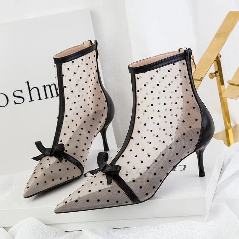 8 / nude Sweet and thin perspective polka dot mesh hollow high-heeled shoes women's sandals stiletto high-heeled pointed ankle boots