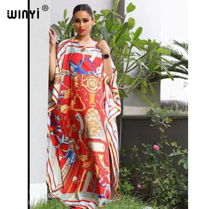 8 / One Size Africa Fashion Blogger Recommend Popular printed Silk Kaftan Maxi dresses Loose Summer Beach Bohemian kaftan long dress for lady