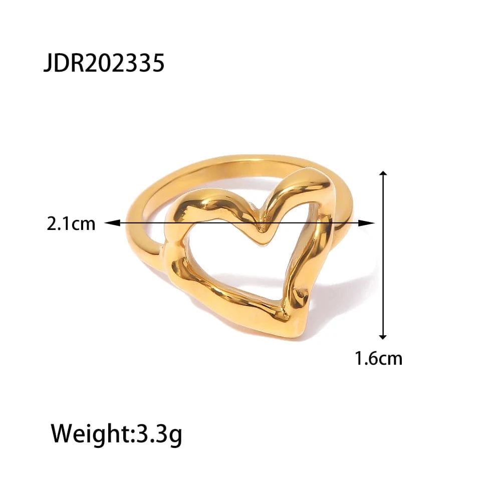 8 / R2028 R2028 Waterproof 18k Gold Plated Stainless Steel Jewelry Hammer Pattern Hollow Heart Rings for Women