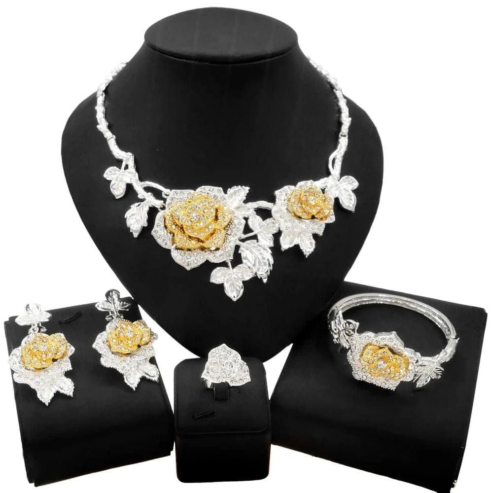 8 / Silver New Fashion Latest Ring Bracelet Gold Plated Exquisite Flower Leaf Necklace Canadian Easter Women Favorite Zircon Jewelry Set