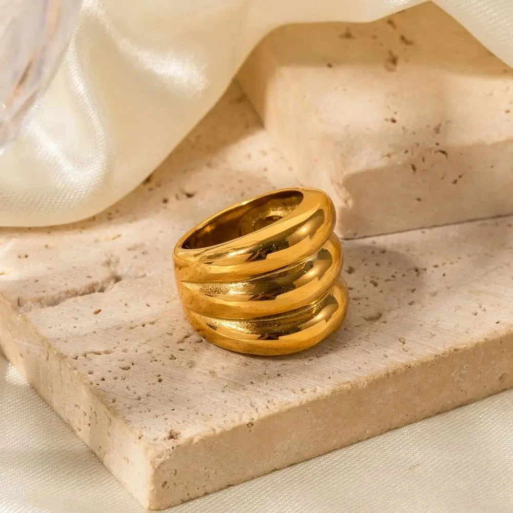 8 / TRENDY / R1856 R1856 Ins Popular Arrival 18K Gold Plated Triple Layered Chunky Finger Ring Stainless Steel Ring for Women