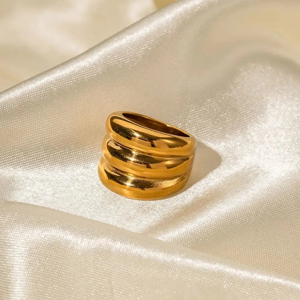 8 / TRENDY / R1856 R1856 Ins Popular Arrival 18K Gold Plated Triple Layered Chunky Finger Ring Stainless Steel Ring for Women