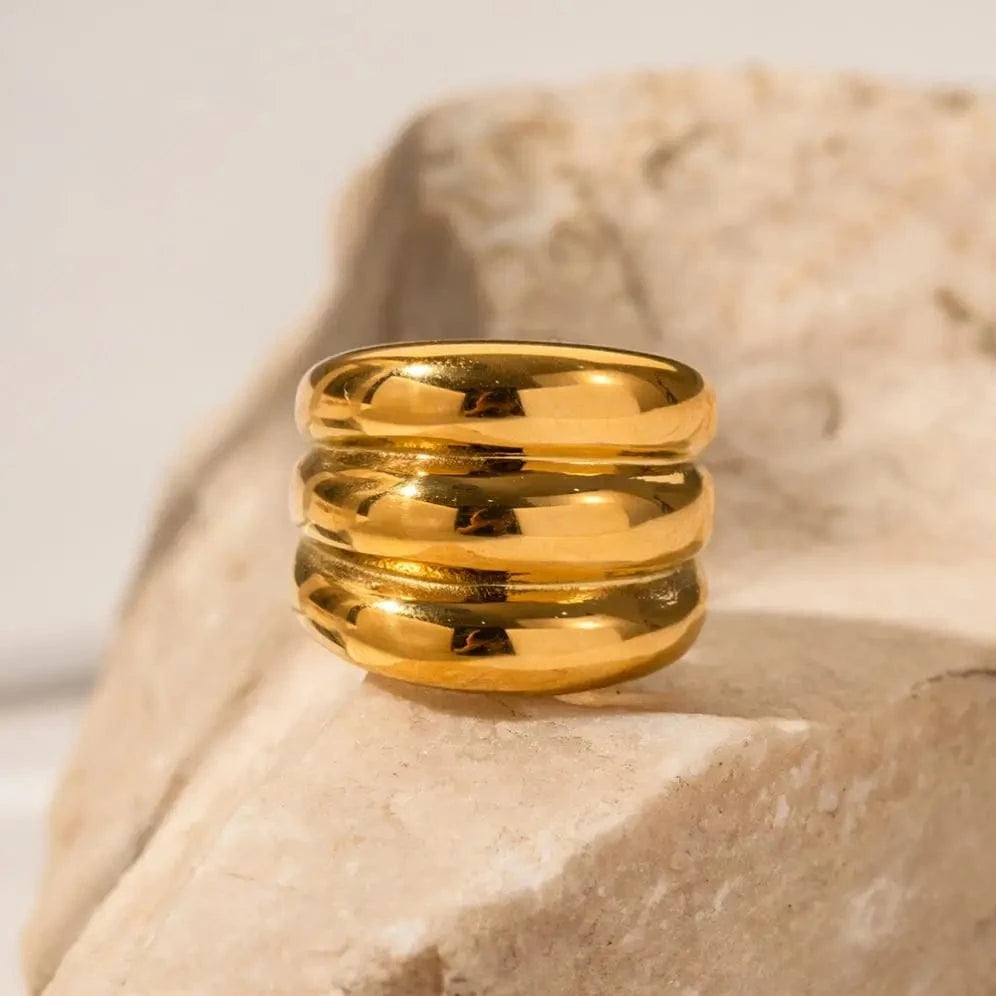 8 / TRENDY / R1856 R1856 Ins Popular Arrival 18K Gold Plated Triple Layered Chunky Finger Ring Stainless Steel Ring for Women