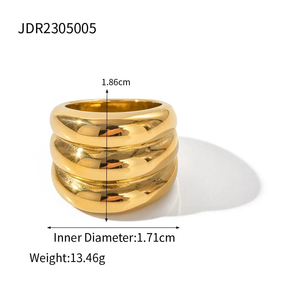 8 / TRENDY / R1856 R1856 Ins Popular Arrival 18K Gold Plated Triple Layered Chunky Finger Ring Stainless Steel Ring for Women