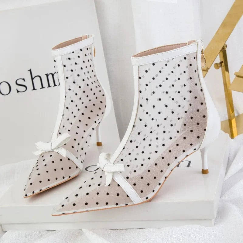 8 / White Sweet and thin perspective polka dot mesh hollow high-heeled shoes women's sandals stiletto high-heeled pointed ankle boots