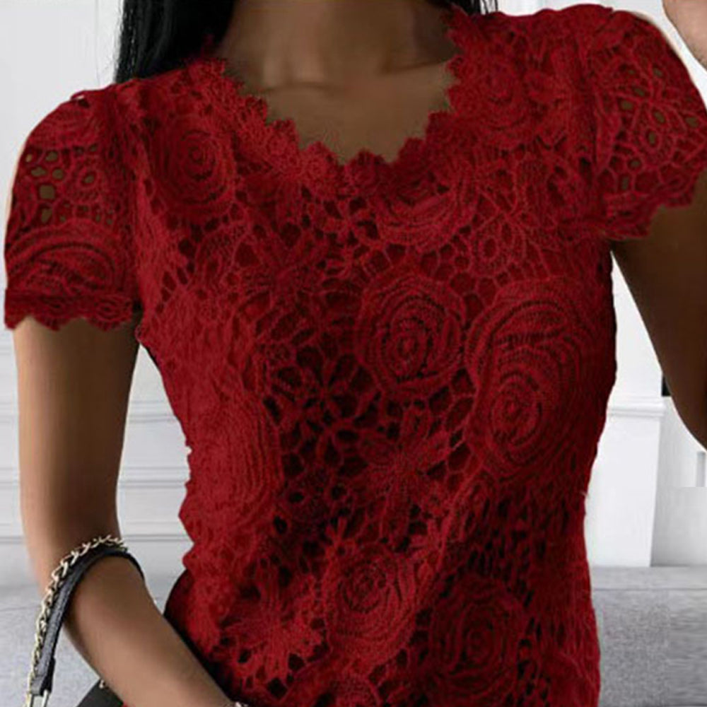 Womens Lace Round Neck Tops T-Shirts Ladies Summer Casual Short Sleeve Blouse Pullover Fashion Clothing For