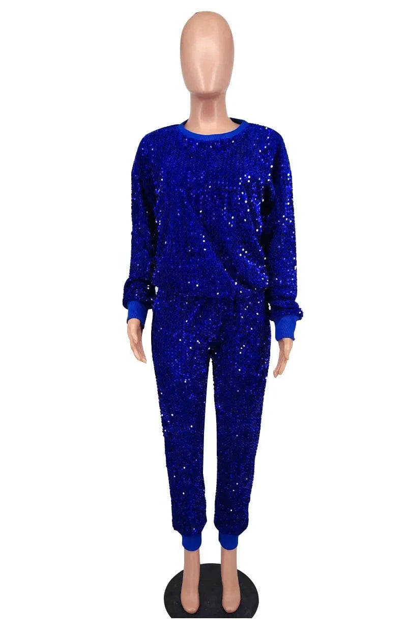 8682 Fashion Lounge Wear Sequin Sweatsuit Two Piece Pants Set Sequin Round Neck Pullover Shirt Tracksuit 2 Piece