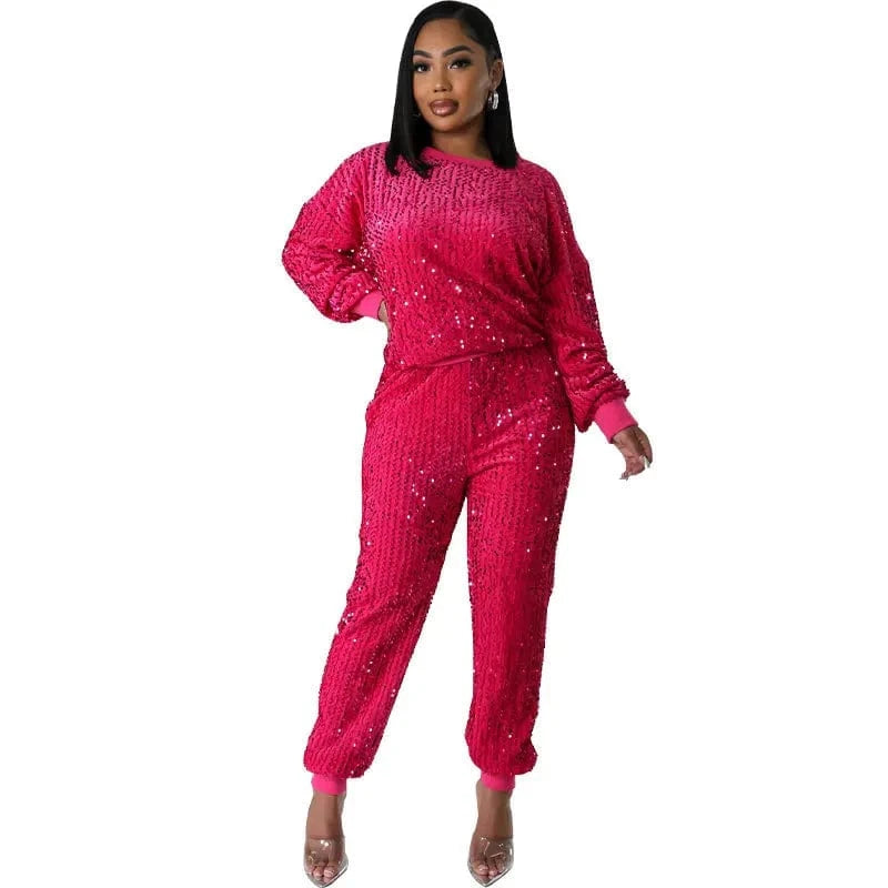 8682 Fashion Lounge Wear Sequin Sweatsuit Two Piece Pants Set Sequin Round Neck Pullover Shirt Tracksuit 2 Piece