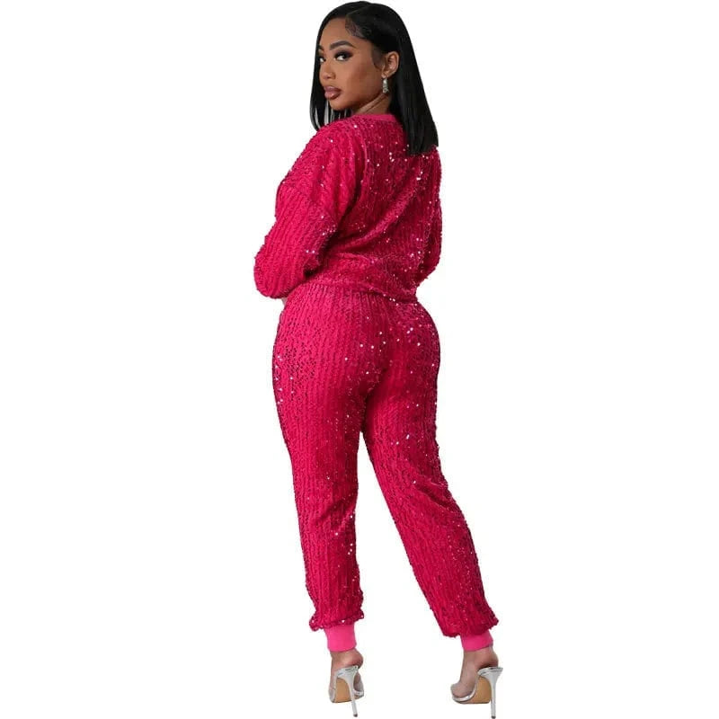 8682 Fashion Lounge Wear Sequin Sweatsuit Two Piece Pants Set Sequin Round Neck Pullover Shirt Tracksuit 2 Piece