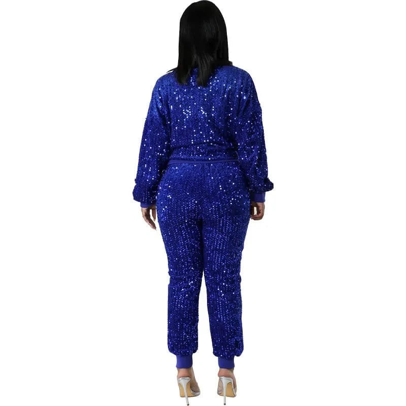 8682 Fashion Lounge Wear Sequin Sweatsuit Two Piece Pants Set Sequin Round Neck Pullover Shirt Tracksuit 2 Piece
