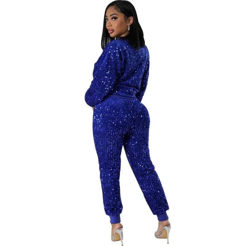 8682 Fashion Lounge Wear Sequin Sweatsuit Two Piece Pants Set Sequin Round Neck Pullover Shirt Tracksuit 2 Piece