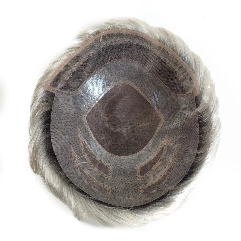 8X10 / 1B#T white hair / 6inches Front Real Swiss Lace On Rite Toupee Human Hair Hairpiece Dark Roots For Men With Around Translate Thin Skin