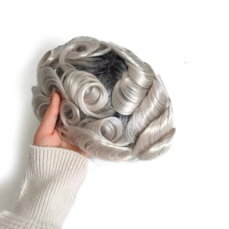 8X10 / 1B#T white hair / 6inches Front Real Swiss Lace On Rite Toupee Human Hair Hairpiece Dark Roots For Men With Around Translate Thin Skin