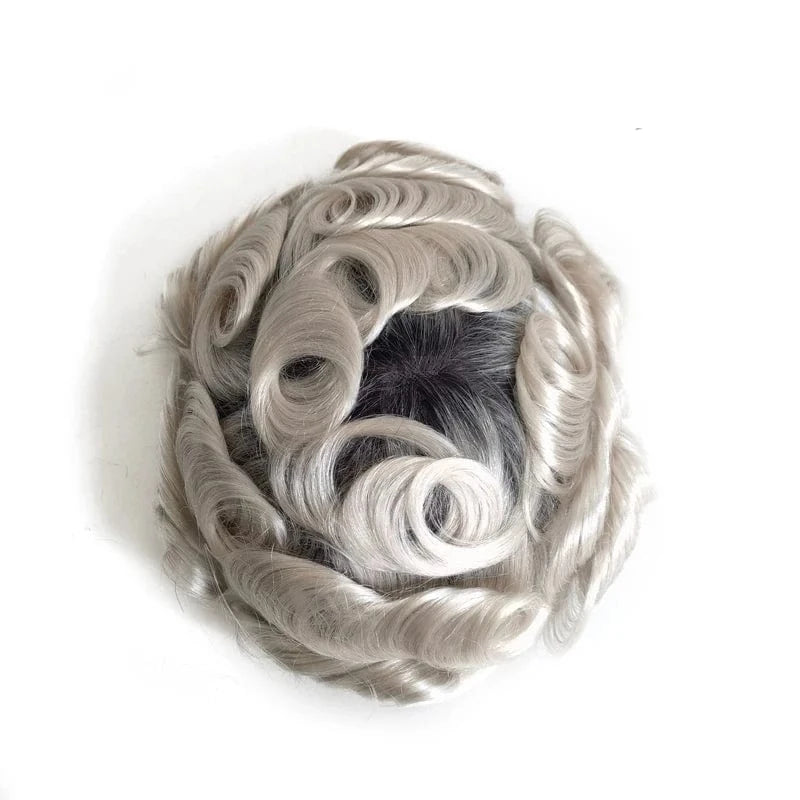 8X10 / 1B#T white hair / 6inches Front Real Swiss Lace On Rite Toupee Human Hair Hairpiece Dark Roots For Men With Around Translate Thin Skin