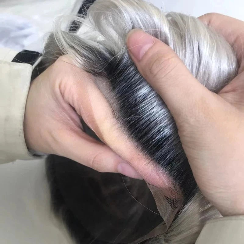8X10 / 1B#T white hair / 6inches Front Real Swiss Lace On Rite Toupee Human Hair Hairpiece Dark Roots For Men With Around Translate Thin Skin