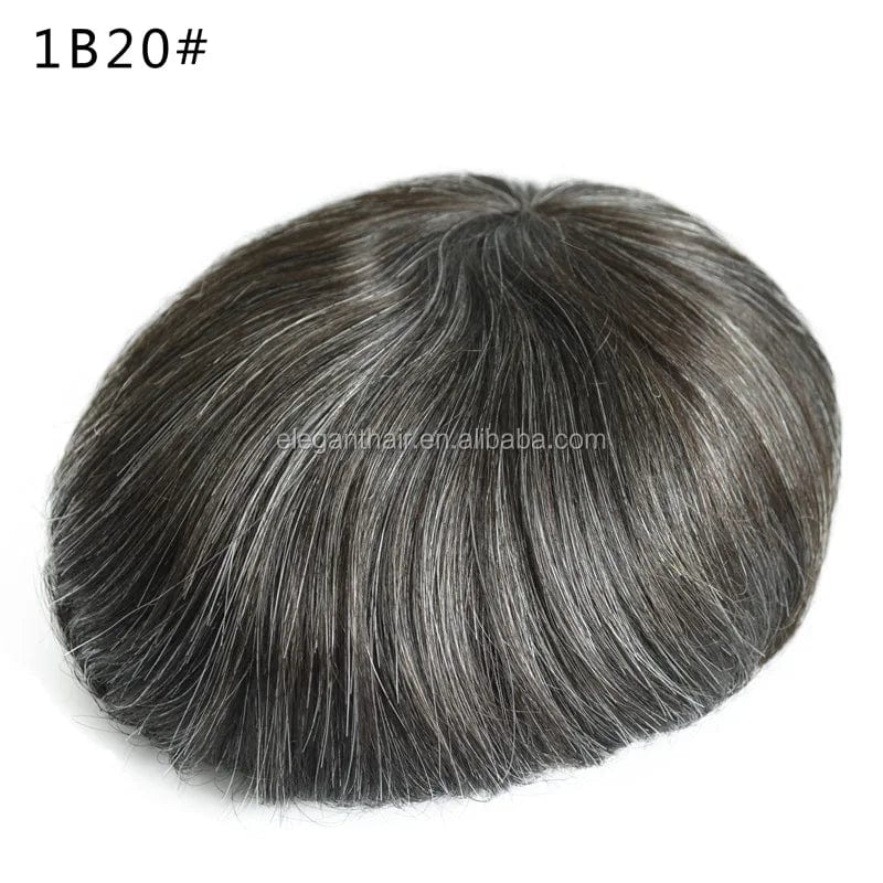 8X10 / 1B# with 20% synthetic grey hair / 6inches On Rite Front PU Human Hair Toupee Protesis Capilares Hombres For Man