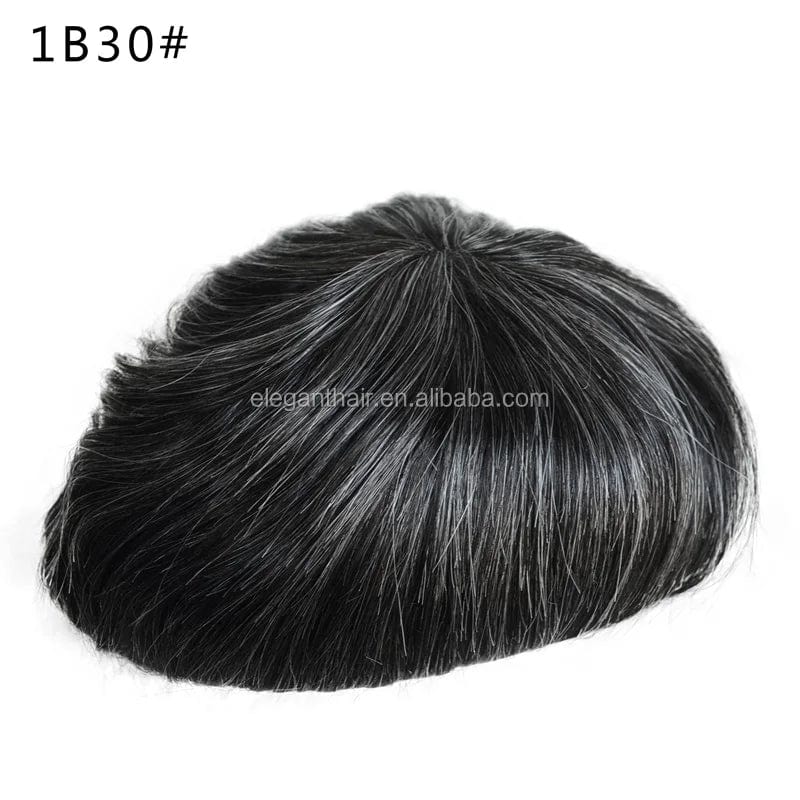 8X10 / 1B# with 30% synthetic grey hair / 6inches On Rite Front PU Human Hair Toupee Protesis Capilares Hombres For Man