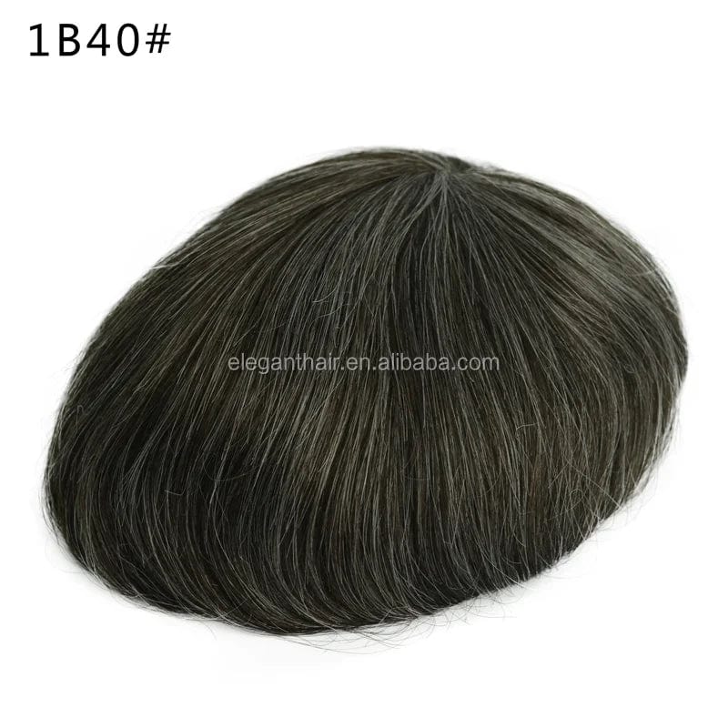 8X10 / 1B# with 40% synthetic grey hair / 6inches On Rite Front PU Human Hair Toupee Protesis Capilares Hombres For Man