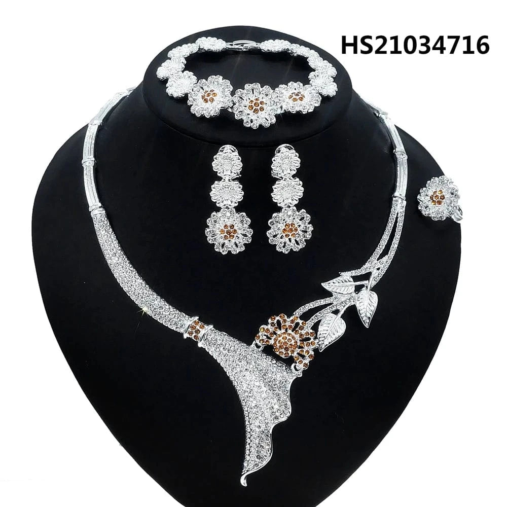 9 / 11 New Fashion Latest Ring Bracelet Gold Plated Exquisite Flower Leaf Necklace Canadian Easter Women Favorite Zircon Jewelry Set