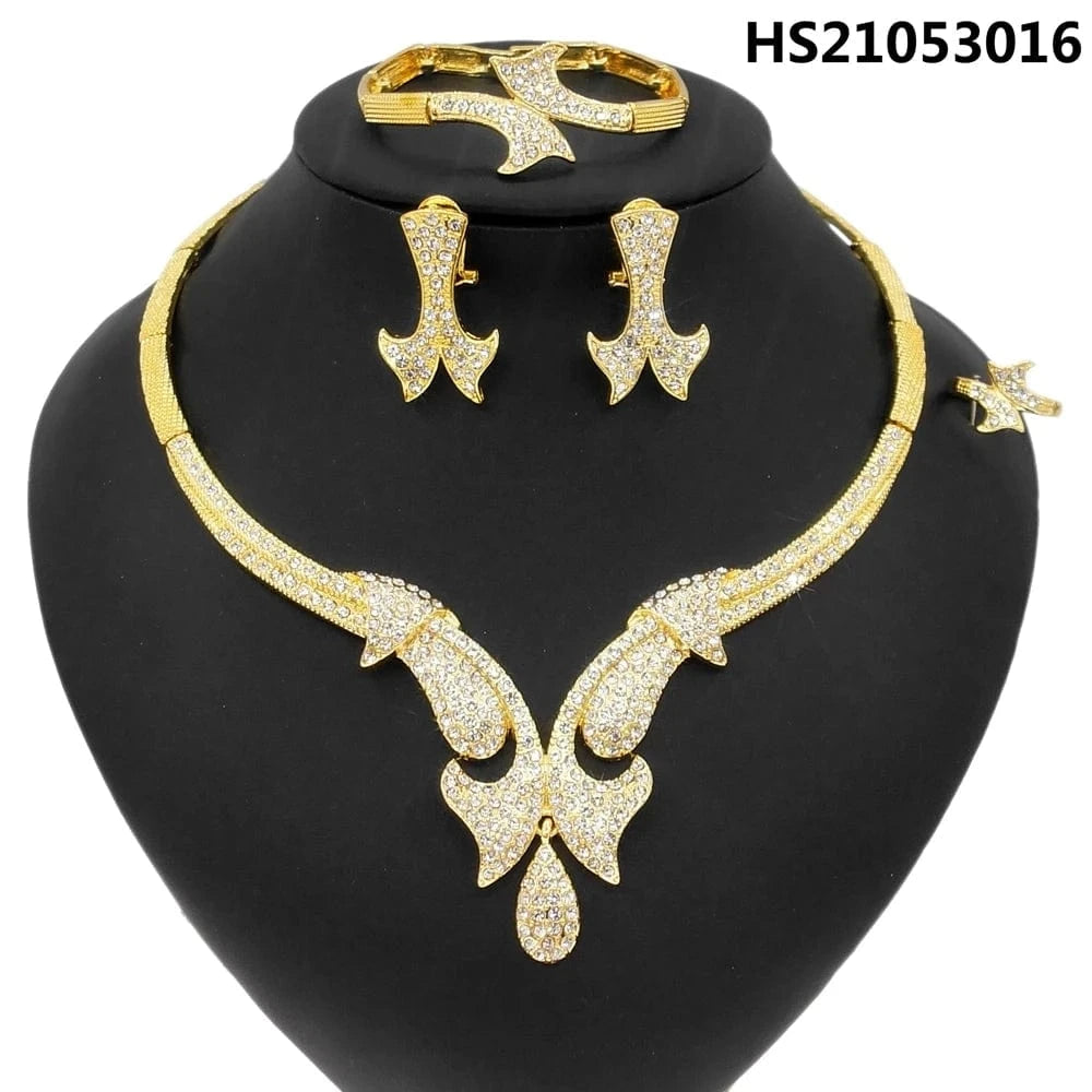 9 / 15 New Fashion Latest Ring Bracelet Gold Plated Exquisite Flower Leaf Necklace Canadian Easter Women Favorite Zircon Jewelry Set