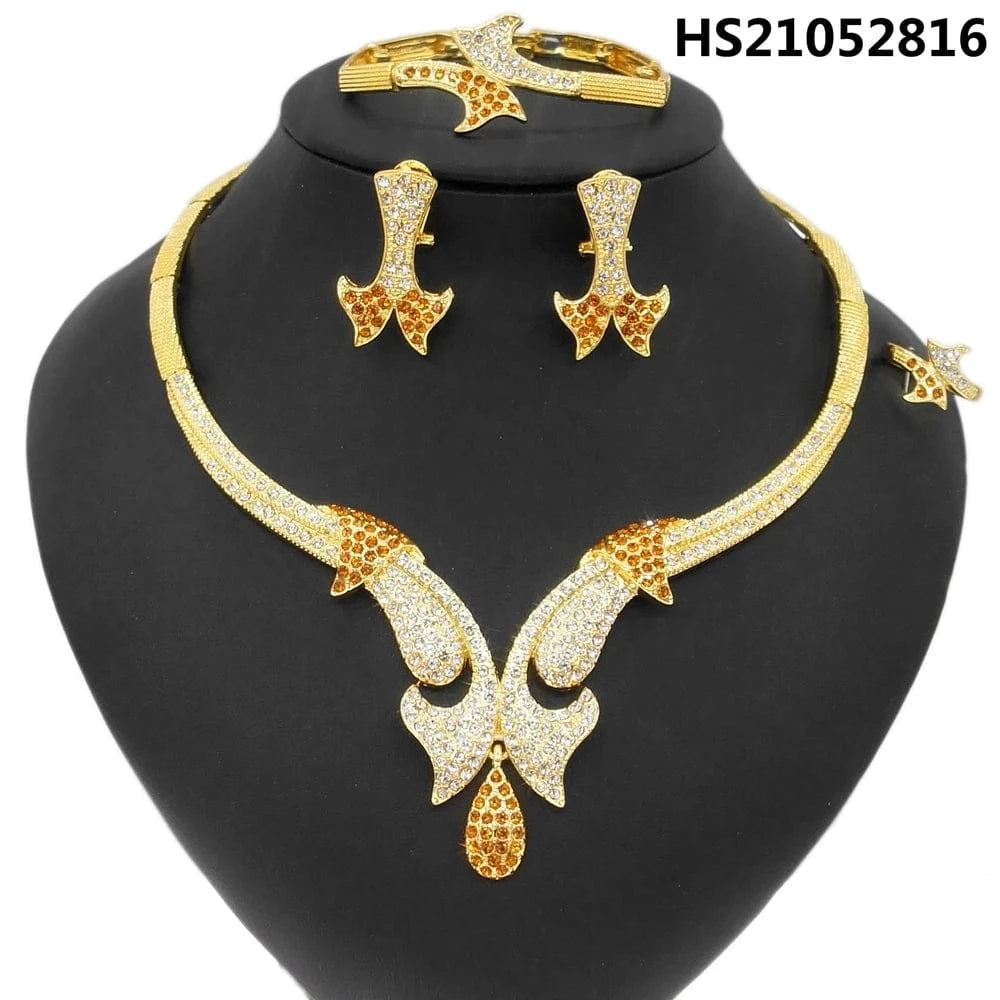 9 / 17 New Fashion Latest Ring Bracelet Gold Plated Exquisite Flower Leaf Necklace Canadian Easter Women Favorite Zircon Jewelry Set