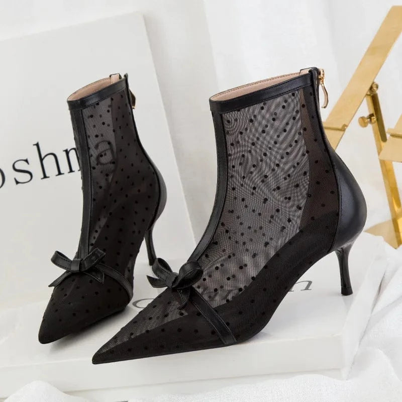 9.5 / Black Sweet and thin perspective polka dot mesh hollow high-heeled shoes women's sandals stiletto high-heeled pointed ankle boots
