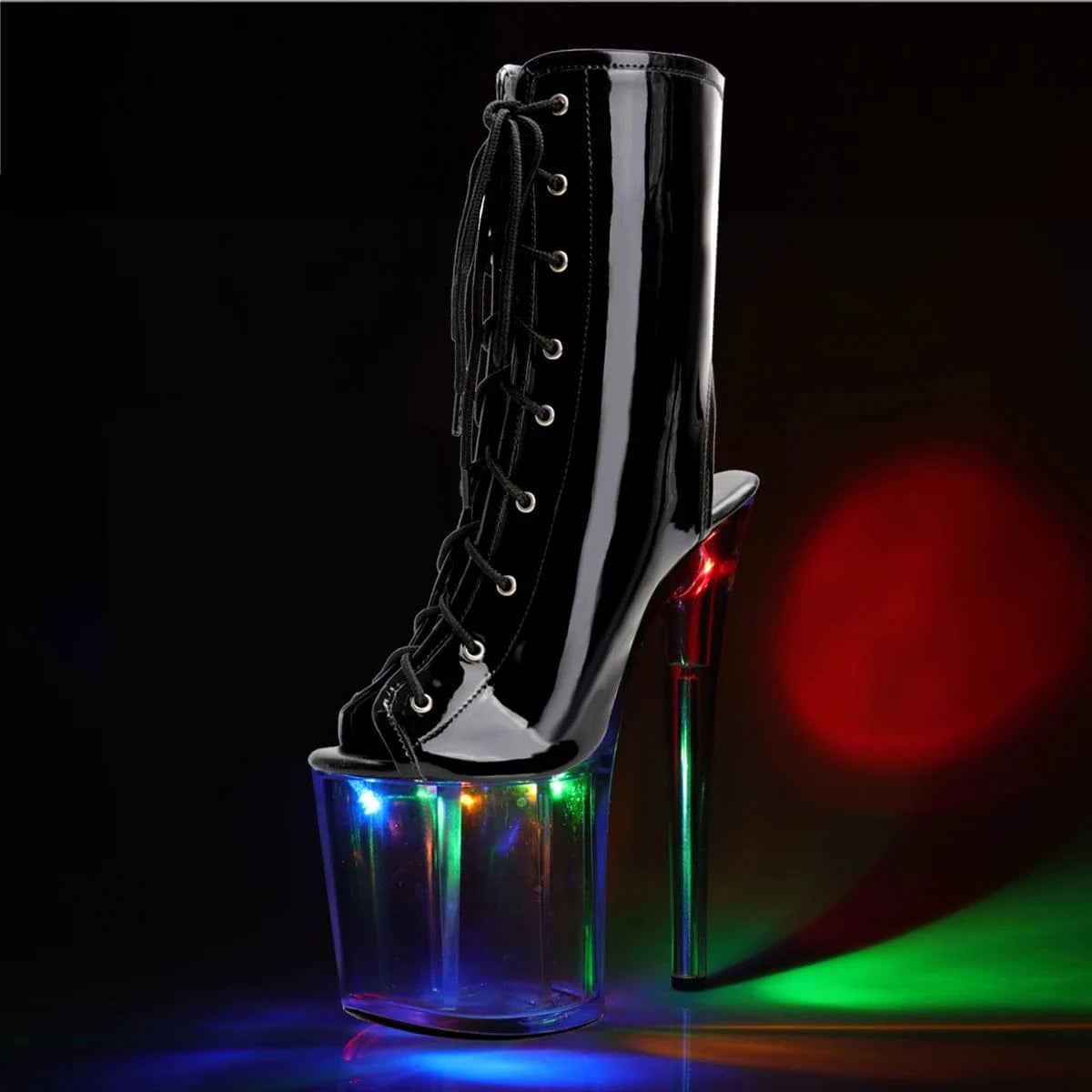 9.5 / Shiny Gothic Low Tube Gothic Lace Up 20cm Flash Open Toe Thin Heels Gladiator Punk Pole Dance Nightclub Catwalk Cross Dressing Queen