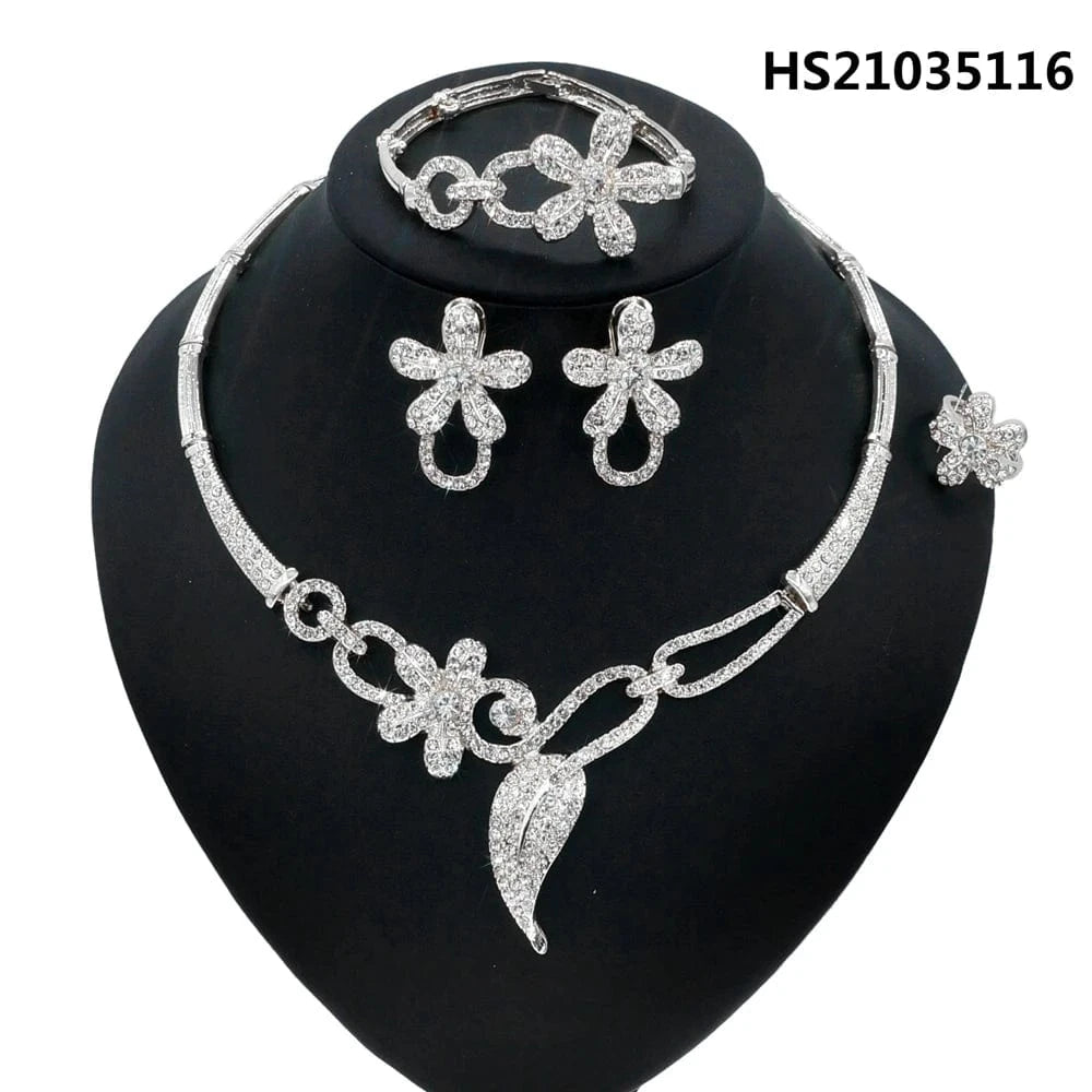 9 / 9 New Fashion Latest Ring Bracelet Gold Plated Exquisite Flower Leaf Necklace Canadian Easter Women Favorite Zircon Jewelry Set