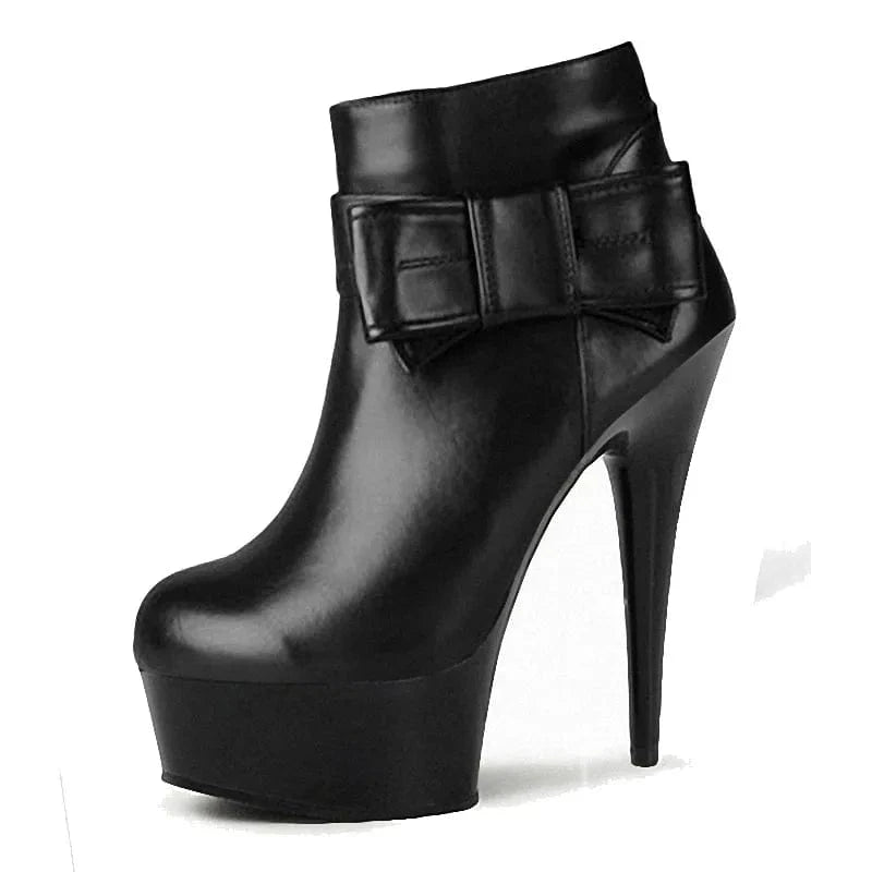 9 / Black 15 cm thin Heel Black Bow 6 inch high heel short boots bar strip dance alternative women's high heels