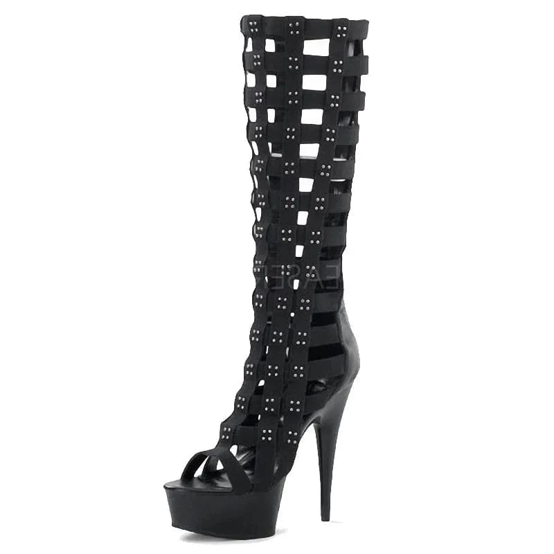 9 / Black New Black Cross Bandage Ultra High Heel Nightclub Strip Dance High Heel Sandals Thin Heel Thick Bottom 15cm 15cm+5cm Platform PU