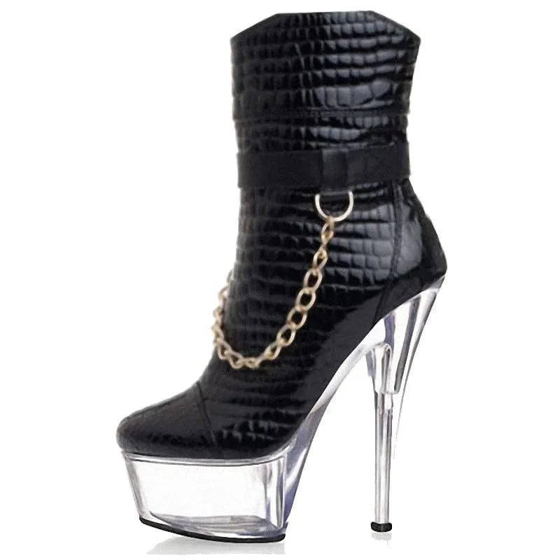 9 / Black PC Autumn and winter new 15 cm women's short boots sexy round head black thin heel 6-inch high heels