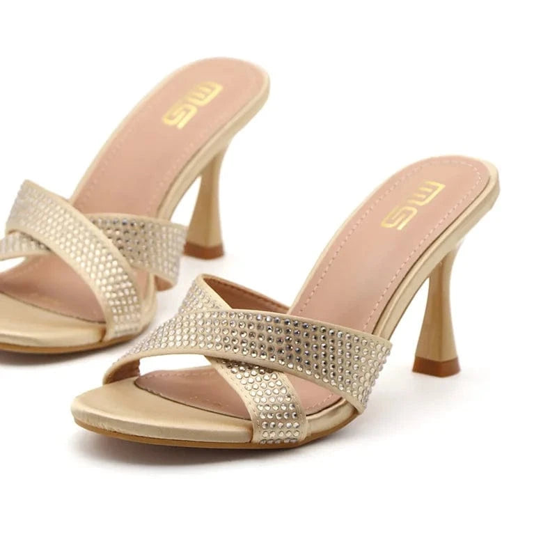 9 / Gold BUSY GIRL ET4397 2024 trending rhinestone cross strap heeled sandals ladies slippers custom shoes party dress women high heels