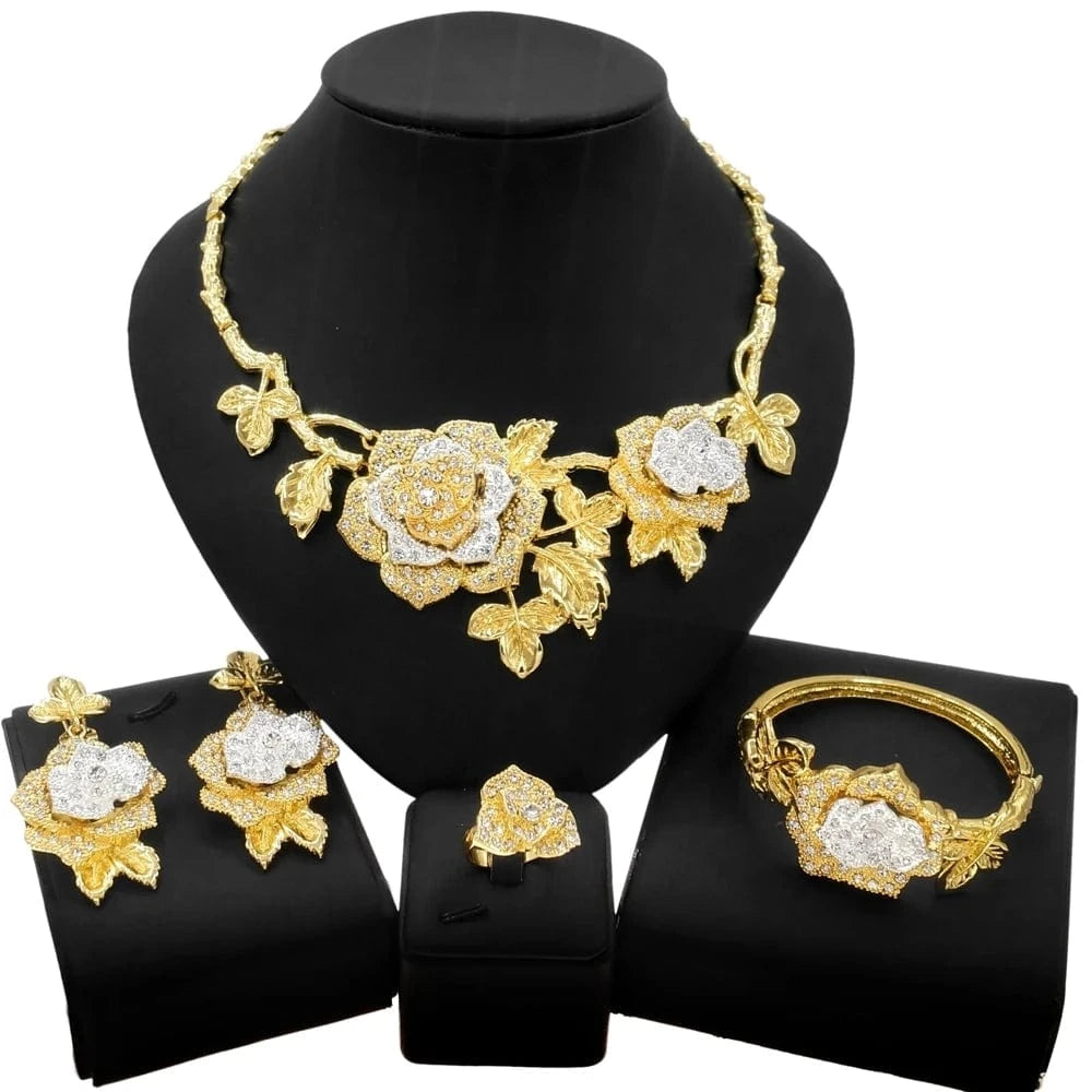 9 / Gold New Fashion Latest Ring Bracelet Gold Plated Exquisite Flower Leaf Necklace Canadian Easter Women Favorite Zircon Jewelry Set
