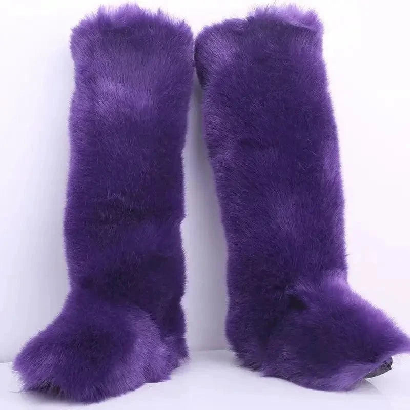 9 / JM-3 Faux furry fluffy soft plush ladies women winter knee high boots matching faux fur women headband set