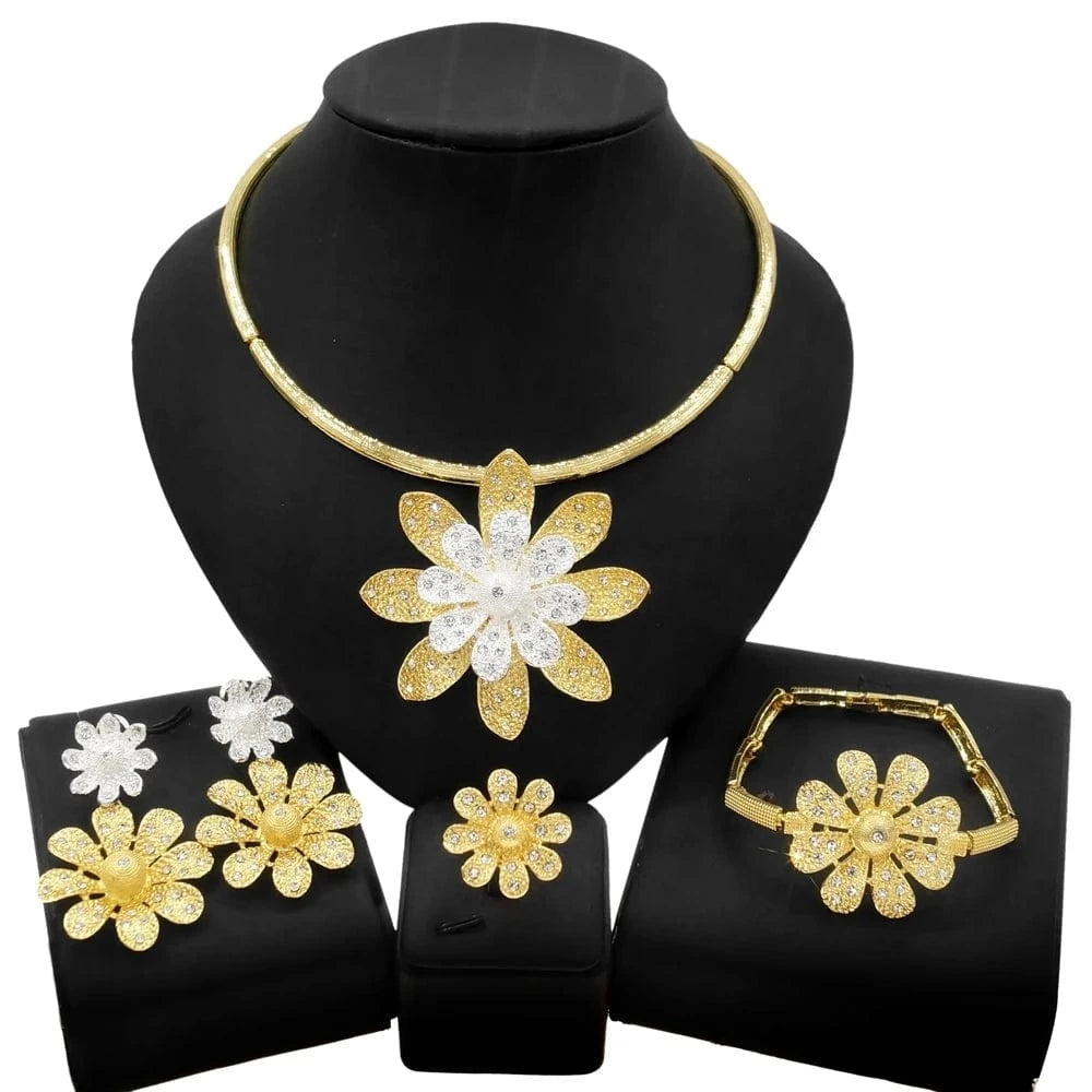 9 / New Gold Plated Jewelry Set New Fashion Latest Ring Bracelet Gold Plated Exquisite Flower Leaf Necklace Canadian Easter Women Favorite Zircon Jewelry Set