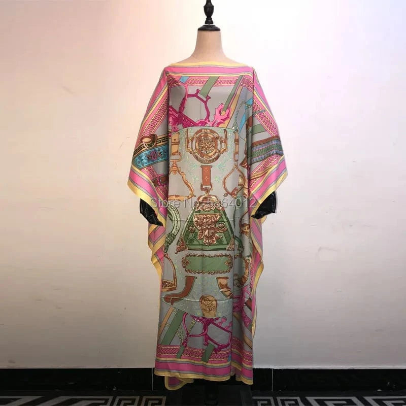 9 / One Size Africa Fashion Blogger Recommend Popular printed Silk Kaftan Maxi dresses Loose Summer Beach Bohemian kaftan long dress for lady