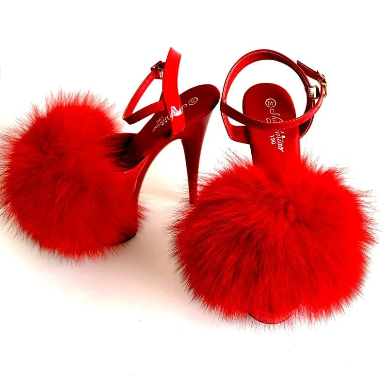 9 / Red fox fur Sexy 15cm Super High Heel Pur Sandals Women Platform Shoes Fluffy Real Fur Thin High Heel Pumps Girls Party Wedding Pole Shoes