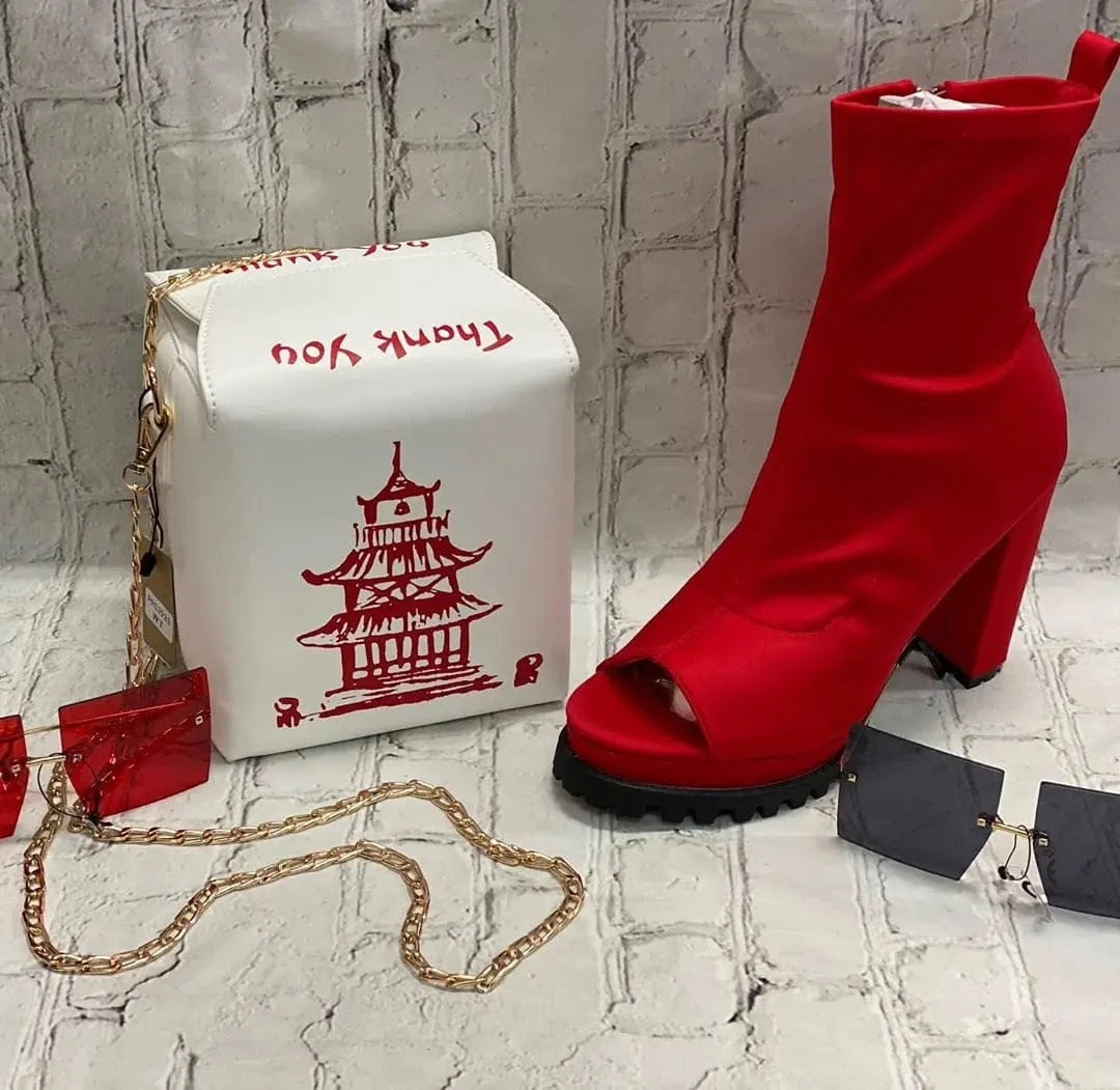 9 / red-QG-boot set Wholesale New stylist bandana hand bags Lady Fashion Boots with Thin High Heel women boots