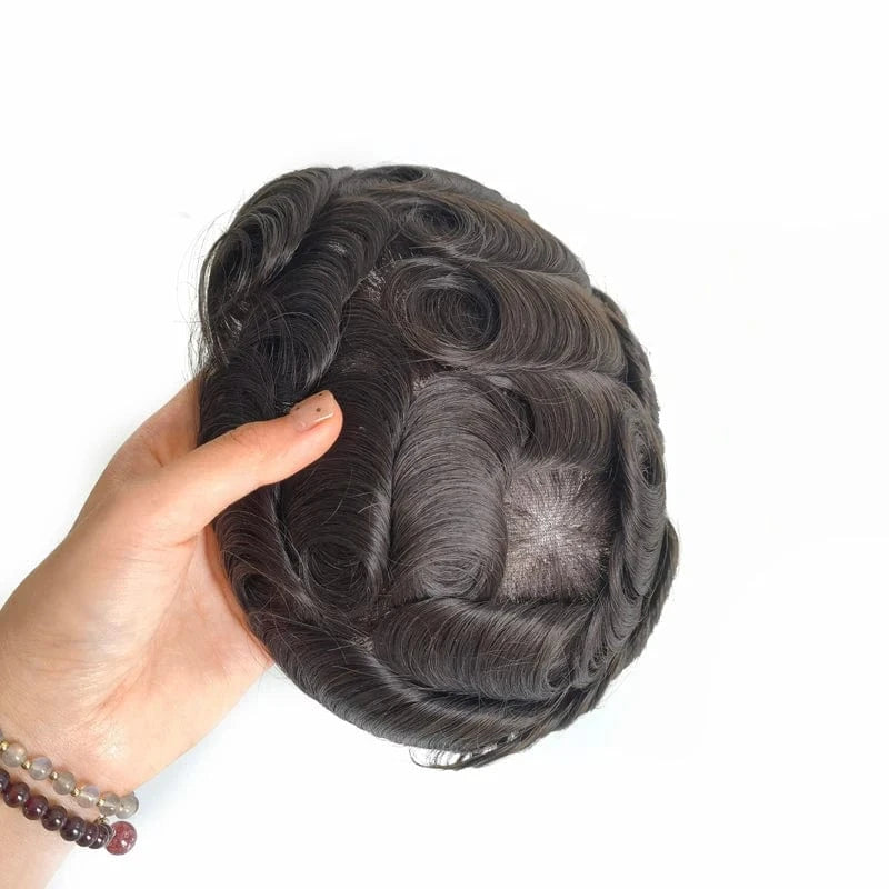 90% Density Full Swiss Lace Real Human Remy Hair Men Toupee With Knots Good Bleached