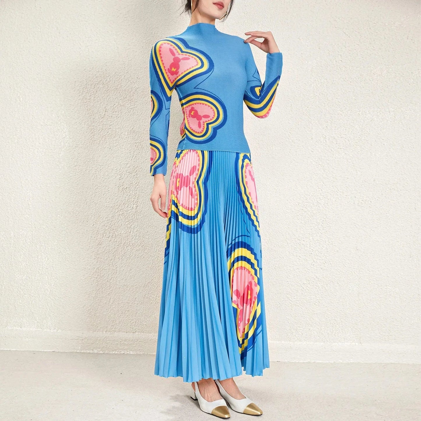 90cm / Blue Wholesale Pleated Skirt Set 2024 Latest Accept Custom Printed Long Sleeve Top Printed Long Pleated Skirt Two Piece Set