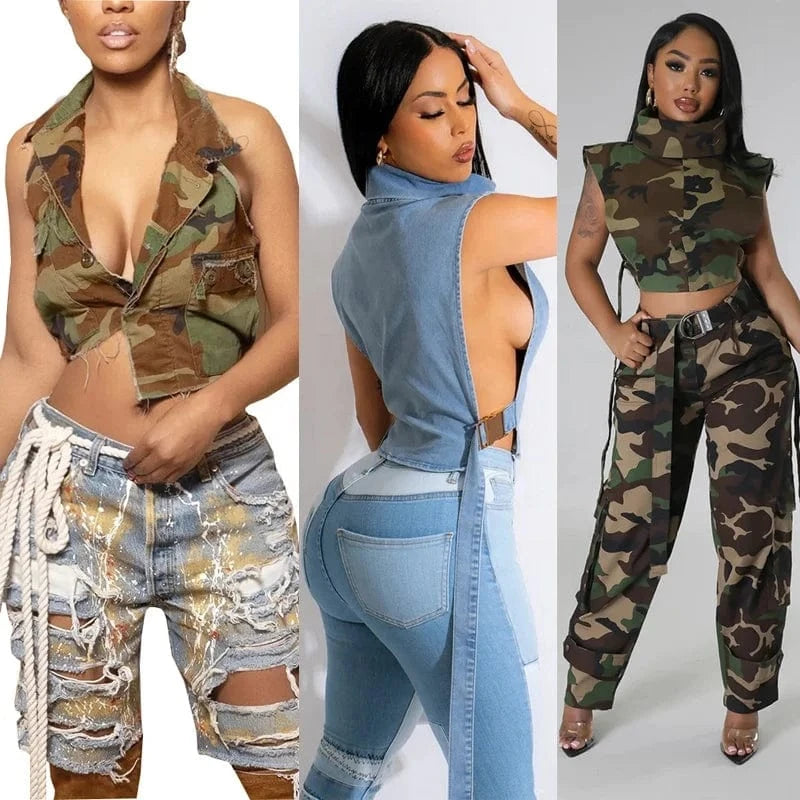 9185TD New fashion streetwear 2024 summer clothes for women sleeveless vest sexy halter backless shirts women top camo crop top