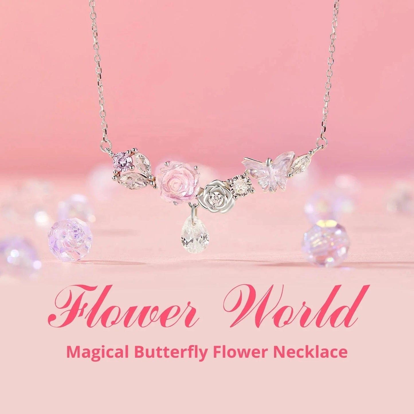 925 Sterling Silver Fashion Jewelry Sets Fine Jewelry Making Wholesale Fantasy Pink Butterfly Flower Necklace Ring Earrings Set